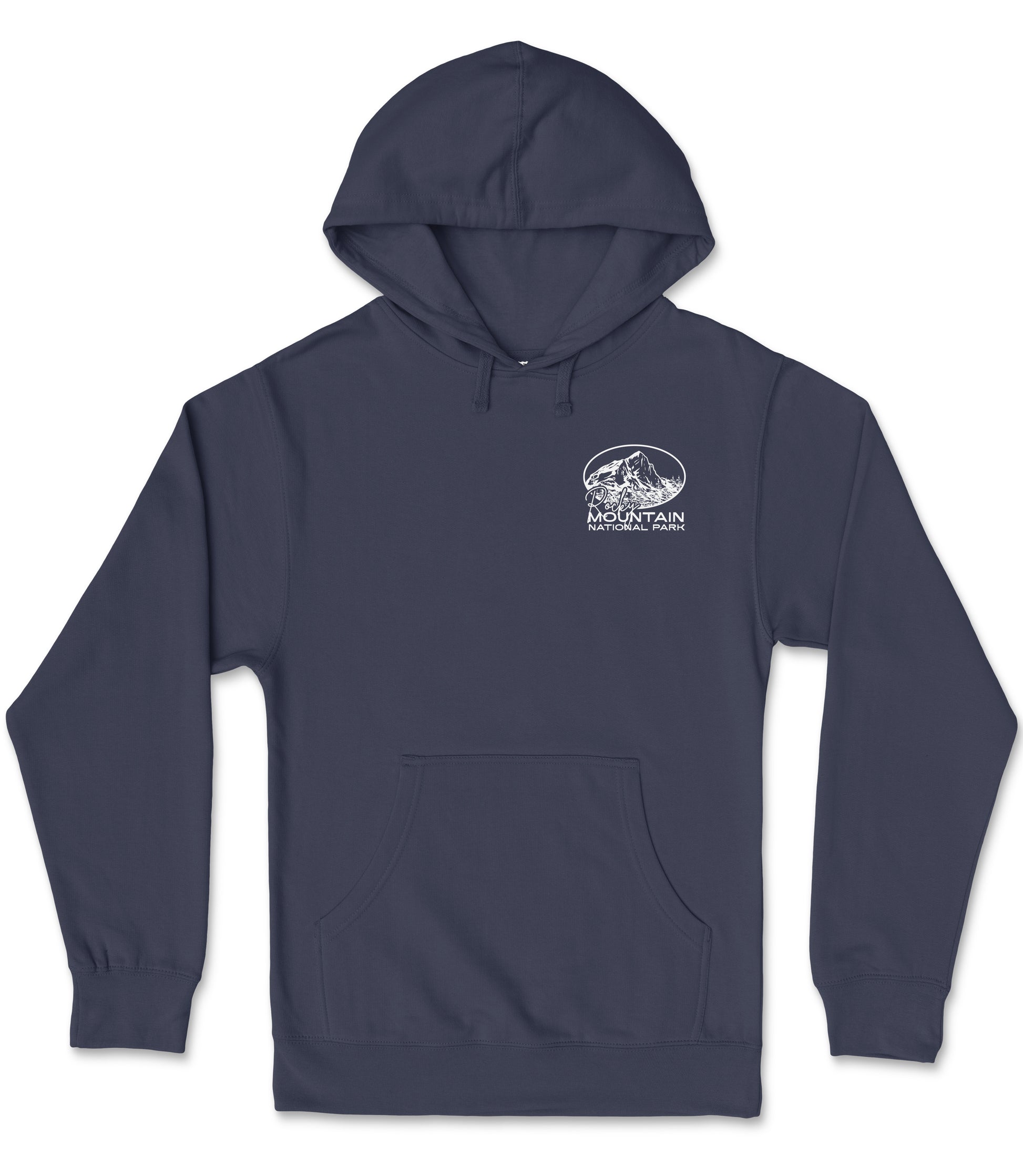 A navy blue hooded sweatshirt with a white logo on the left side.