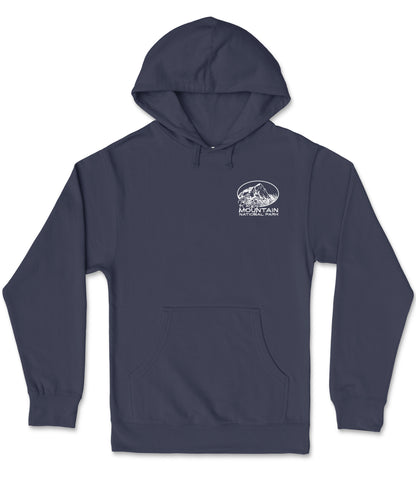 A navy blue hooded sweatshirt with a white logo on the left side.