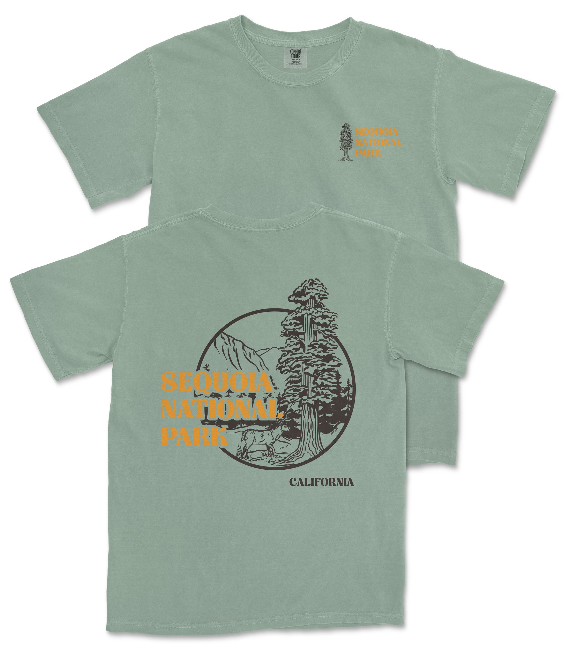 A green t-shirt with a graphic design featuring a tree and text that says "SOUTH OF CALIFORNIA PARK".