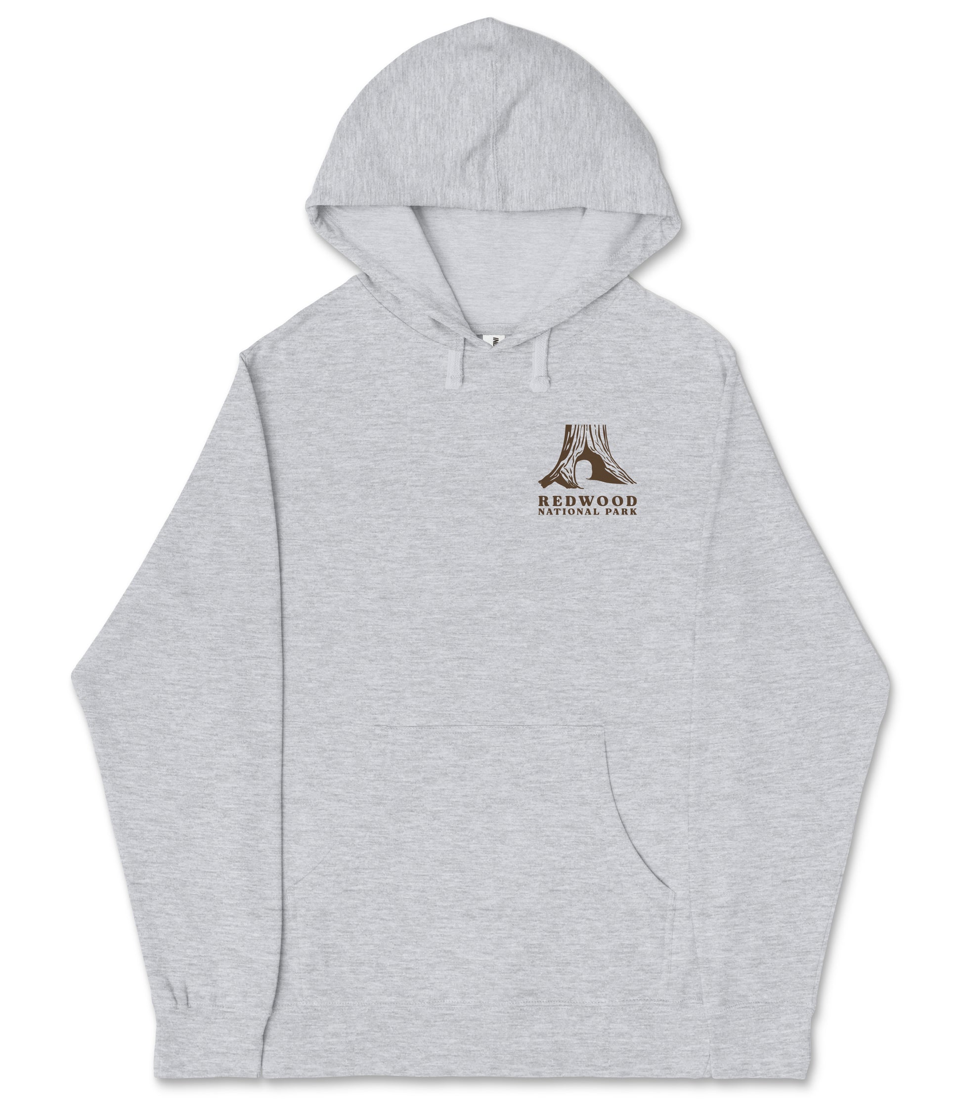 A gray hooded sweatshirt with a logo on the left side.