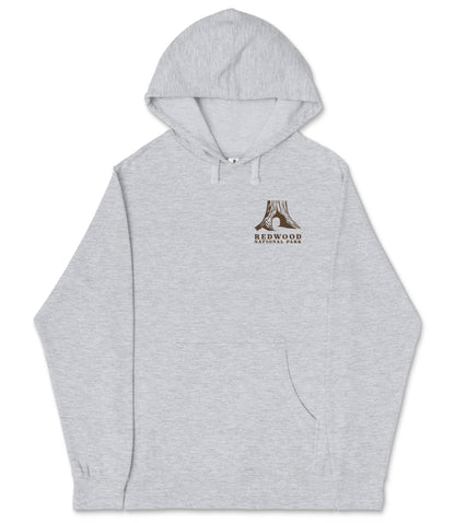 A gray hooded sweatshirt with a logo on the left side.