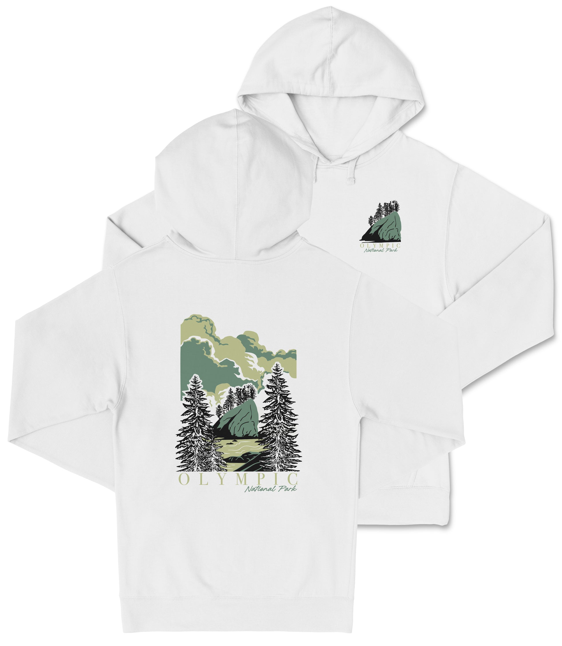 A white hooded sweatshirt with a graphic design depicting a forest scene with pine trees and a mountain in the background.