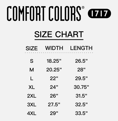 a size chart for various clothing sizes, including S, M, L, XL, 2XL, 3XL, and 4XL. The chart provides the corresponding width, length, and size for each clothing item.