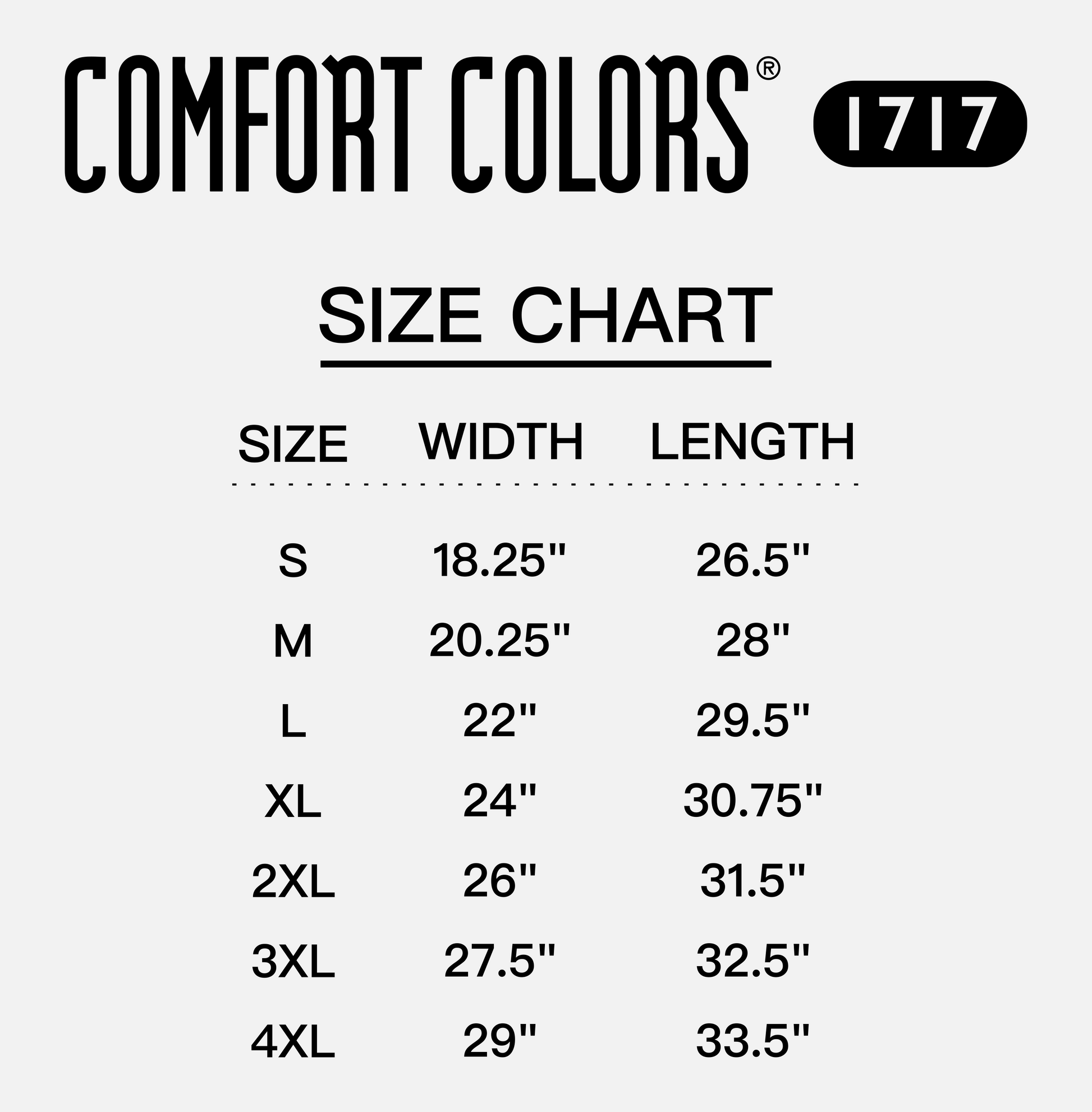 a size chart for various clothing sizes, including S, M, L, XL, 2XL, 3XL, and 4XL. The chart provides the corresponding width, length, and size for each clothing item.