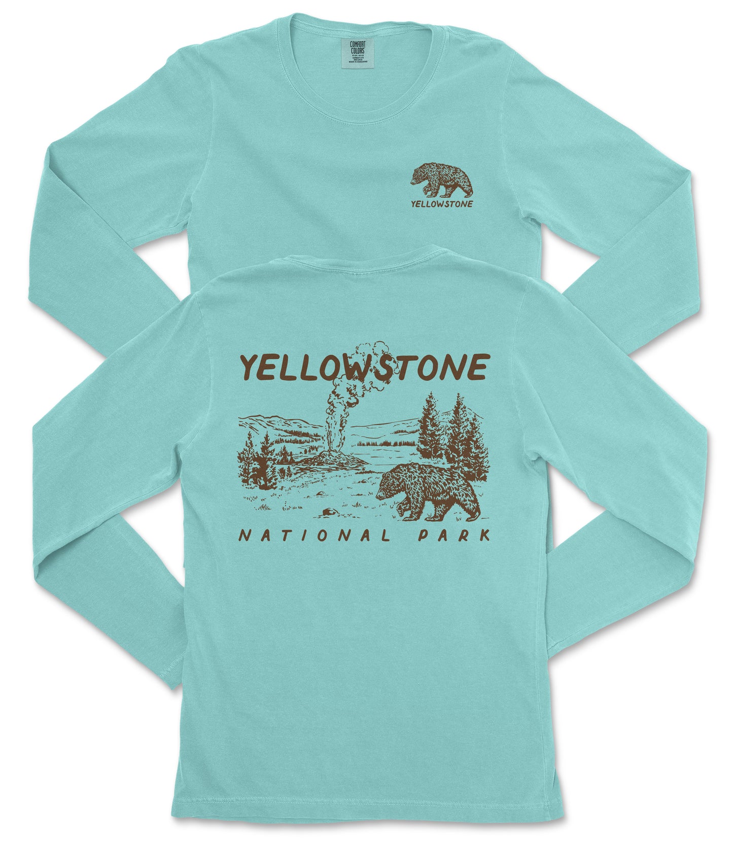 A turquoise long-sleeved t-shirt with a graphic design depicting a bear and a landscape, along with the text "Yellowstone National Park" printed on it.