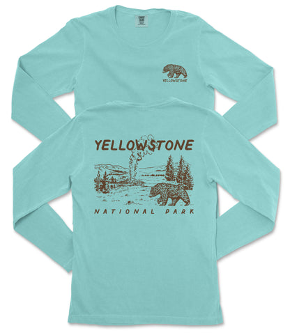 A turquoise long-sleeved t-shirt with a graphic design depicting a bear and a landscape, along with the text "Yellowstone National Park" printed on it.