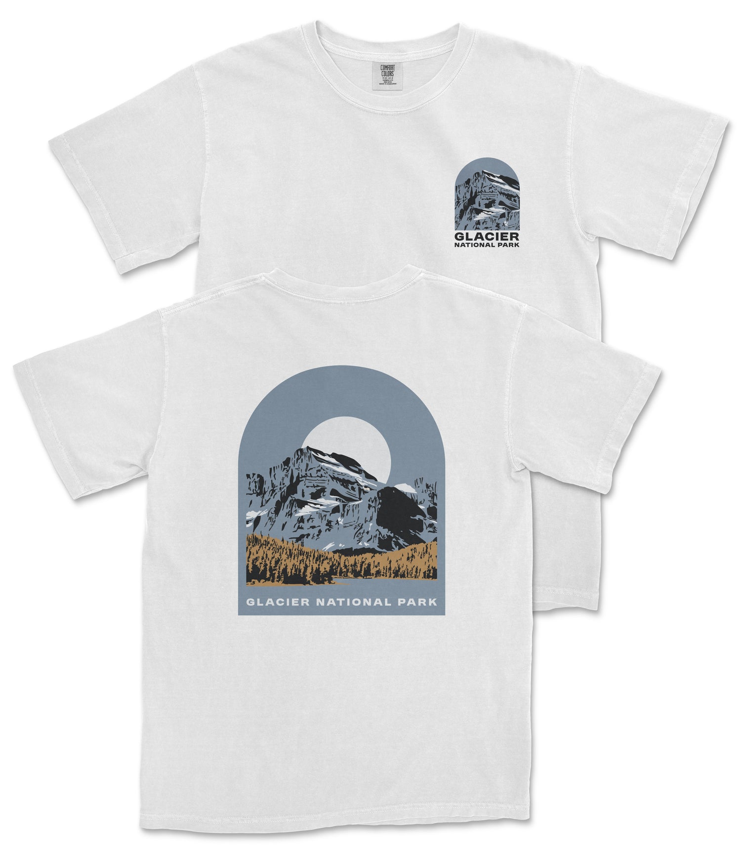 A white t-shirt with a graphic design depicting a mountain landscape and the text "Glacier National Park" printed on it.