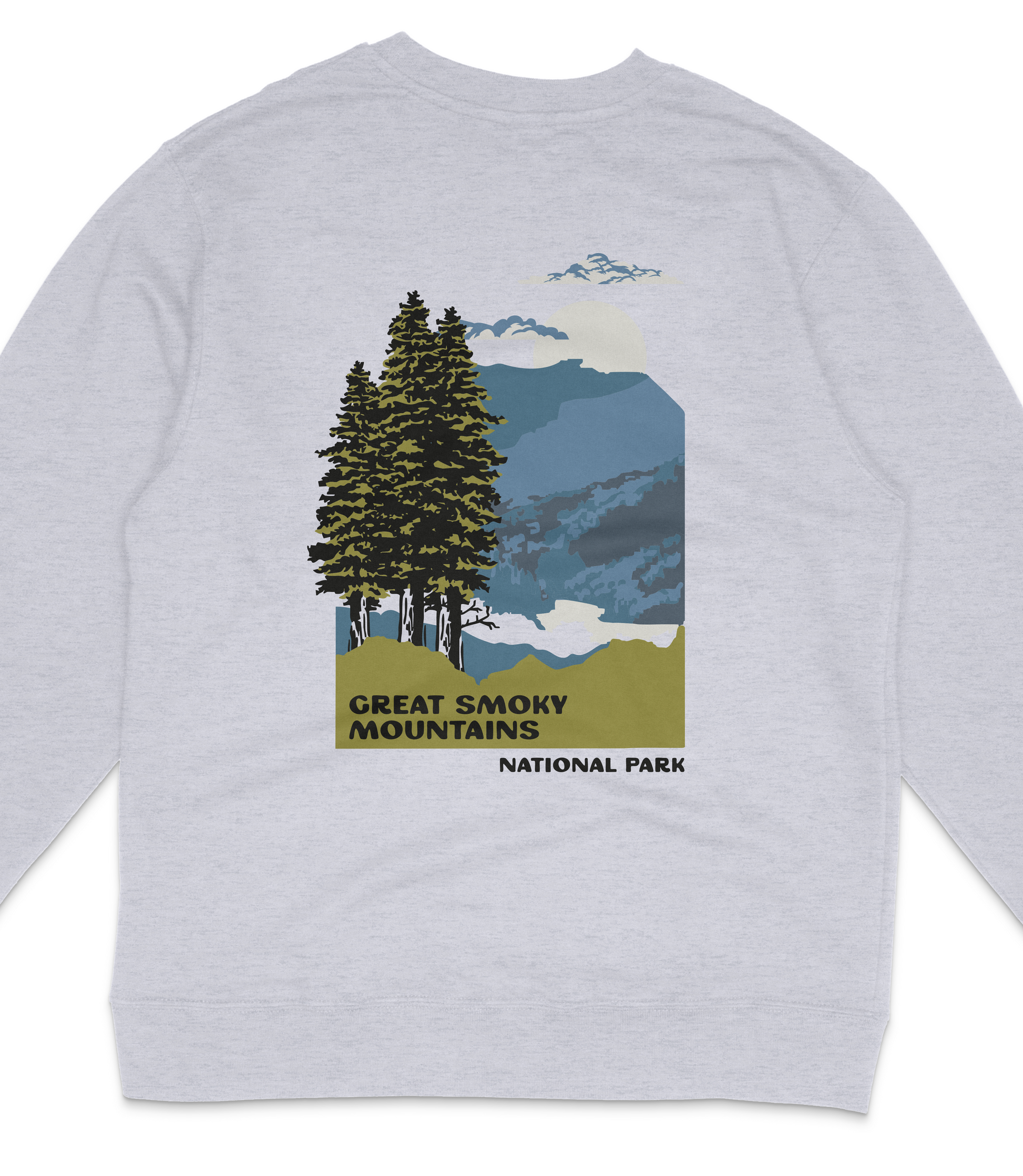 A gray sweatshirt with a graphic design depicting a forest scene with pine trees and mountains in the background, along with the text "GREAT SMOKY MOUNTAINS NATIONAL PARK".