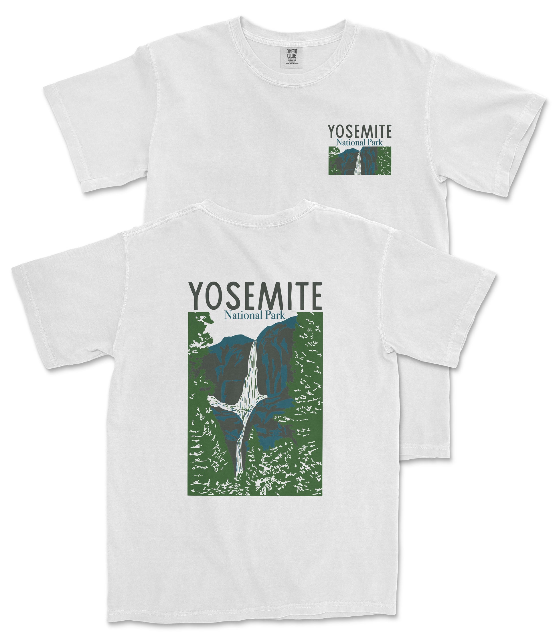 A white t-shirt with a graphic design depicting a waterfall and mountains, along with the text "YOSEMITE National Park" printed on it.