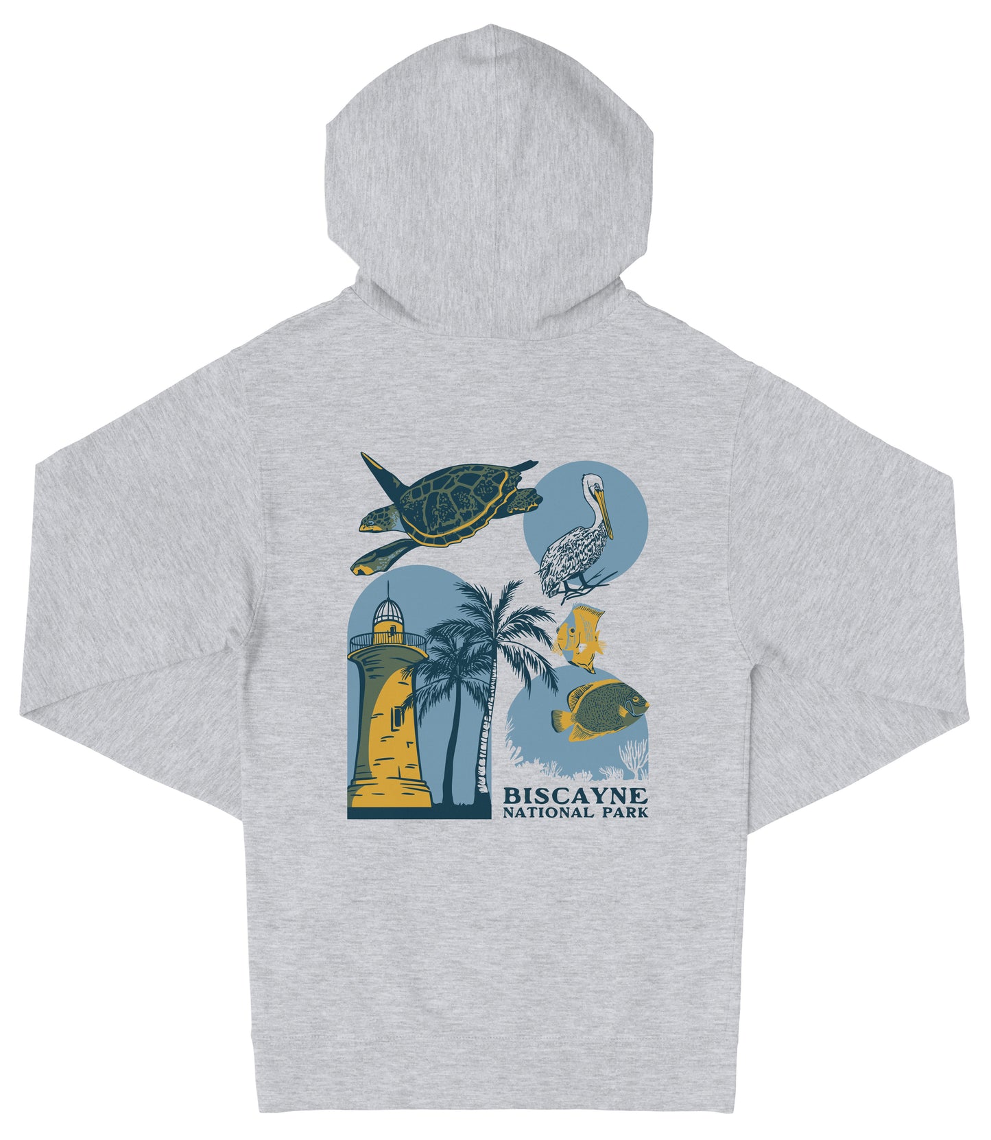 A grey hooded sweatshirt with a graphic design featuring various sea creatures and landmarks, including a lighthouse, palm trees, and a bird.