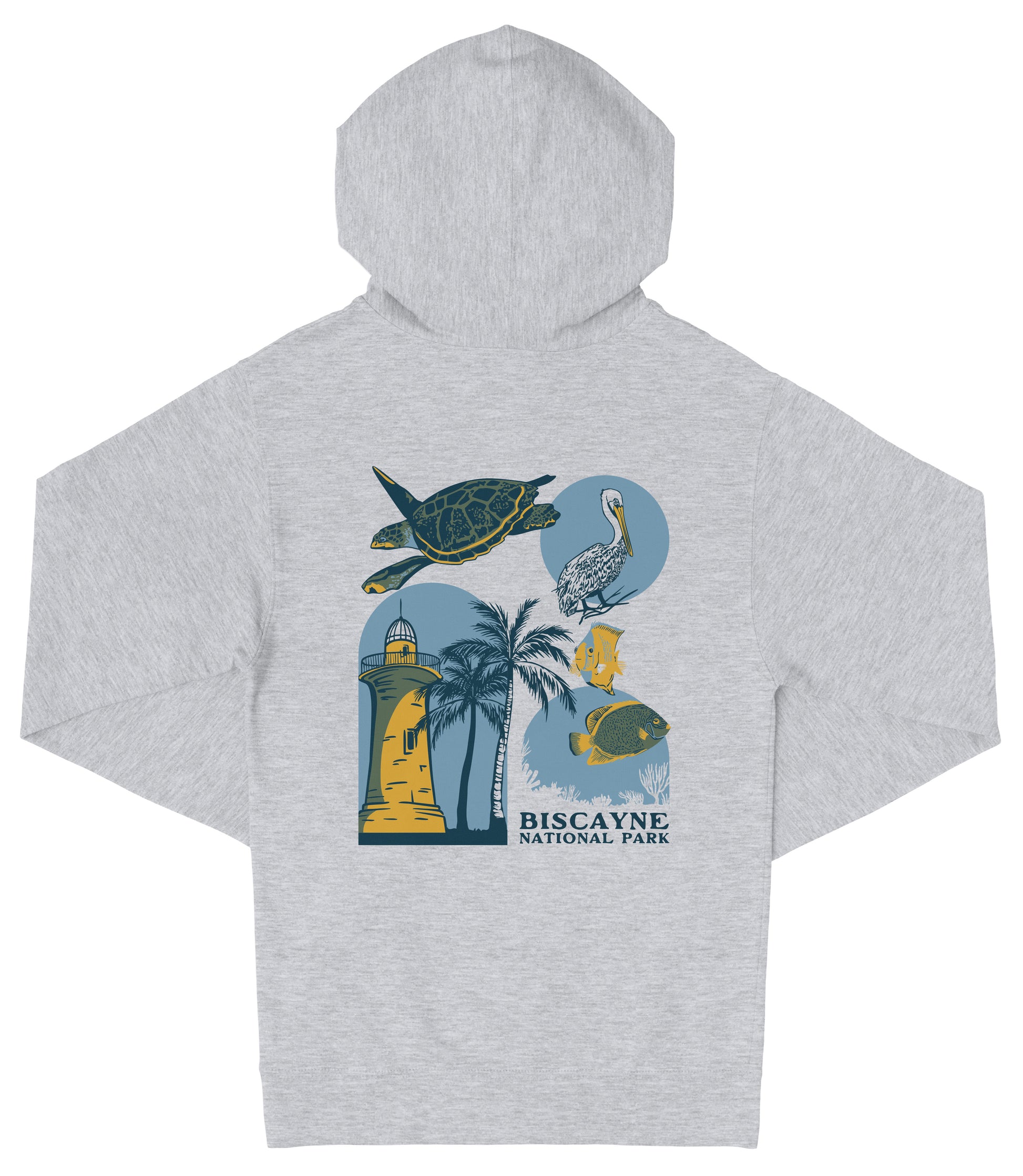 A grey hooded sweatshirt with a graphic design featuring various sea creatures and landmarks, including a lighthouse, palm trees, and a bird.