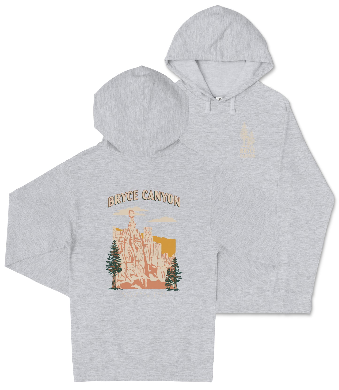 A gray hooded sweatshirt with a graphic design depicting Bryce Canyon, a famous national park in the United States.