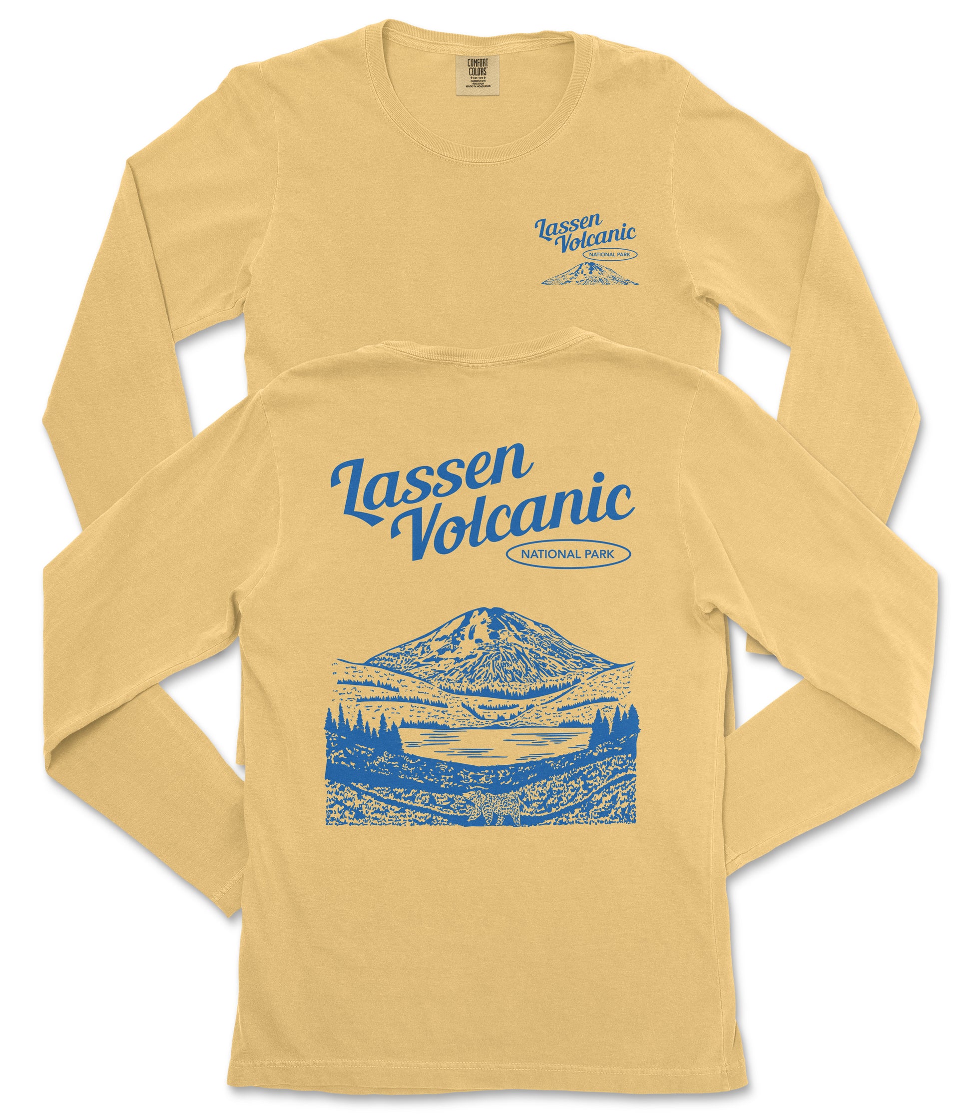 A yellow long-sleeved t-shirt with a graphic design depicting a mountain landscape and a lake, along with text that reads "Lassen Volcanic National Park".