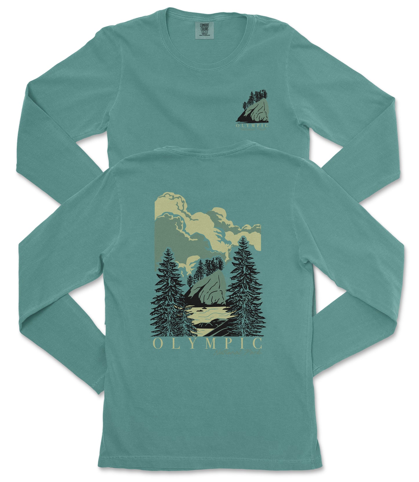 A teal long-sleeve t-shirt with a graphic design depicting a mountain landscape with pine trees and clouds.