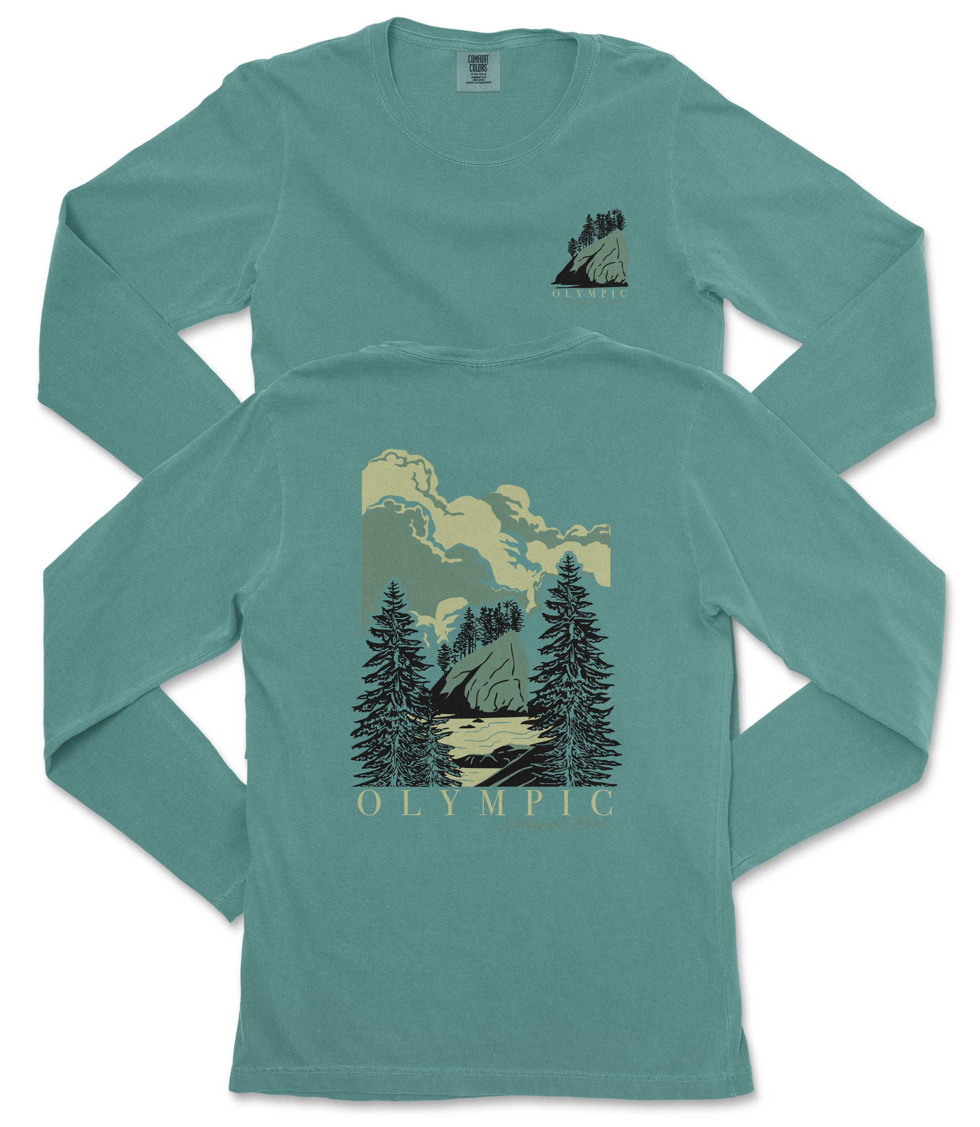 A teal long-sleeve t-shirt with a graphic design depicting a mountain landscape with pine trees and clouds.