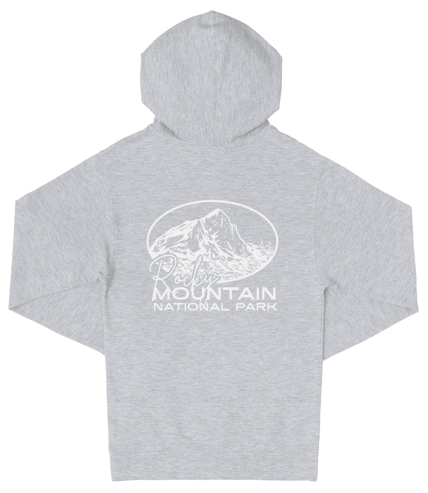 A gray hooded sweatshirt with a graphic design on the front, depicting a mountain range.