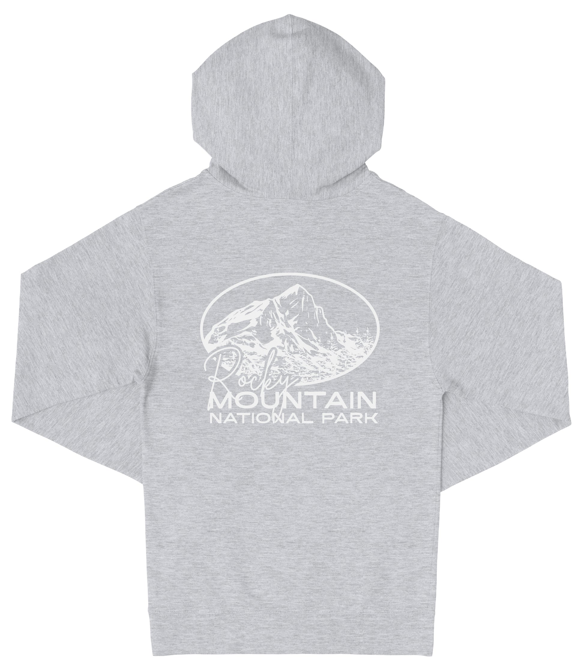A gray hooded sweatshirt with a graphic design on the front, depicting a mountain range.