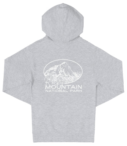 A gray hooded sweatshirt with a graphic design on the front, depicting a mountain range.