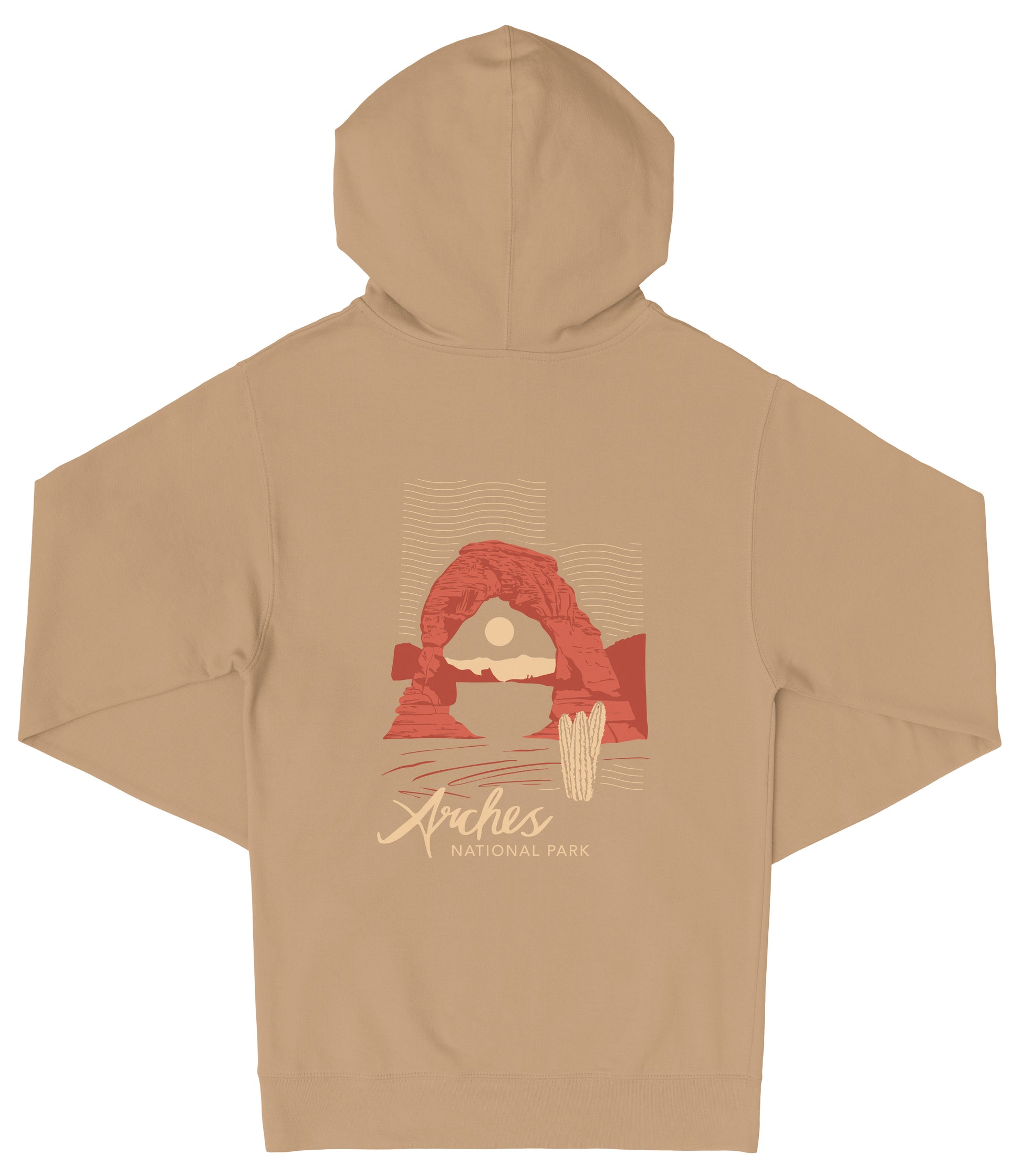 A beige hooded sweatshirt with a graphic design depicting a desert landscape, including a red arch and a cactus. The text "Arches National Park" is printed on the back of the sweatshirt.