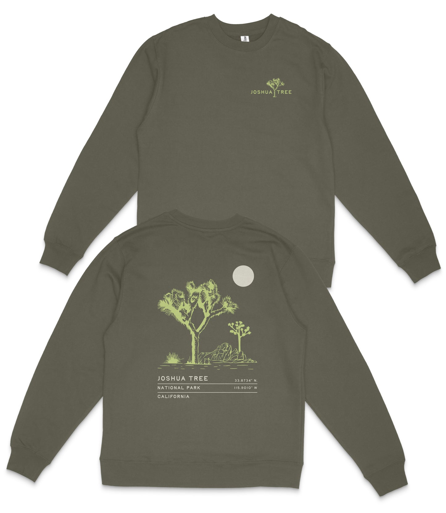 a grey sweatshirt with a graphic design on the back, depicting a tree and a moon.