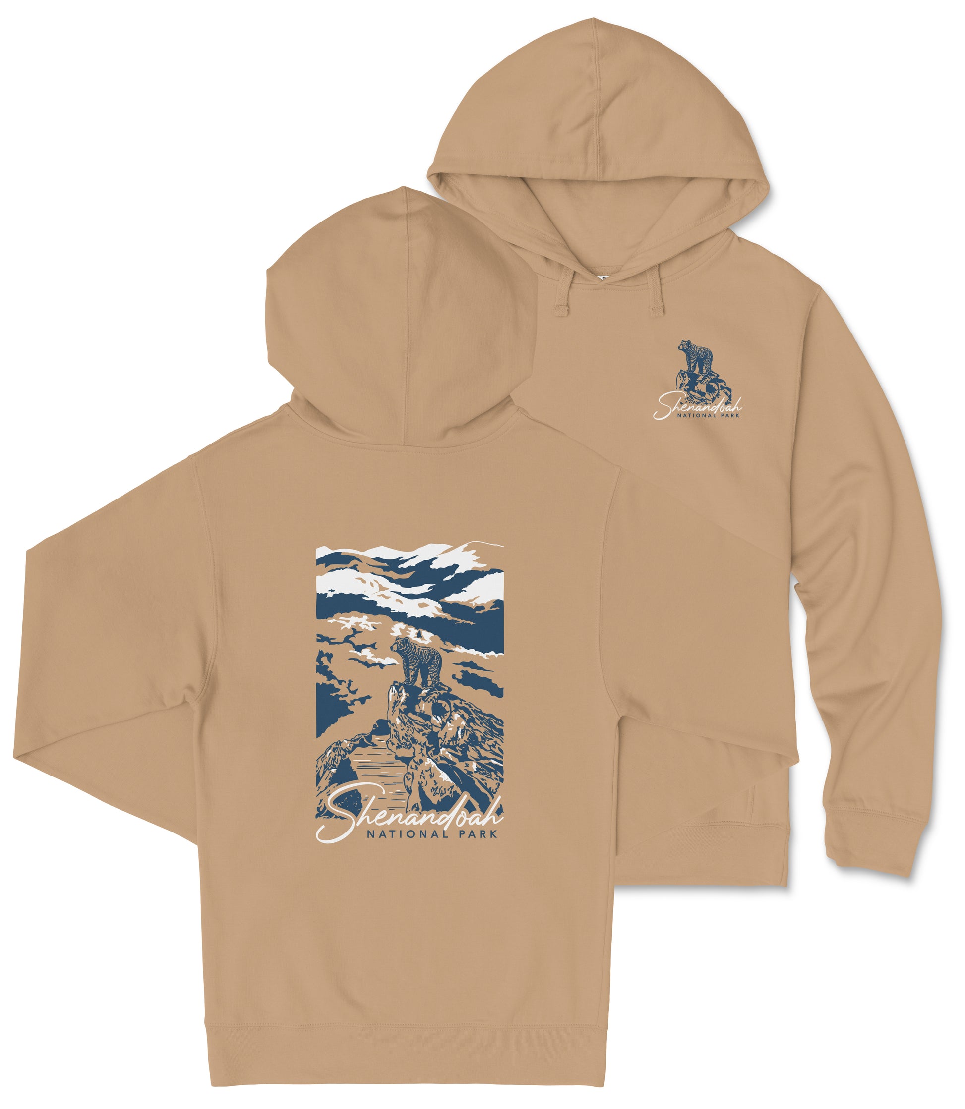 A beige hooded sweatshirt with a graphic design on the back depicting a mountain landscape.
