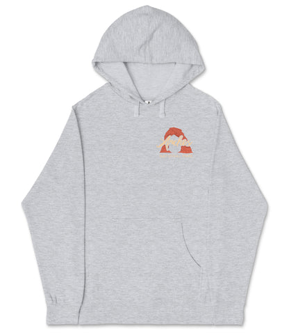 A gray hooded sweatshirt with a small graphic design on the front.