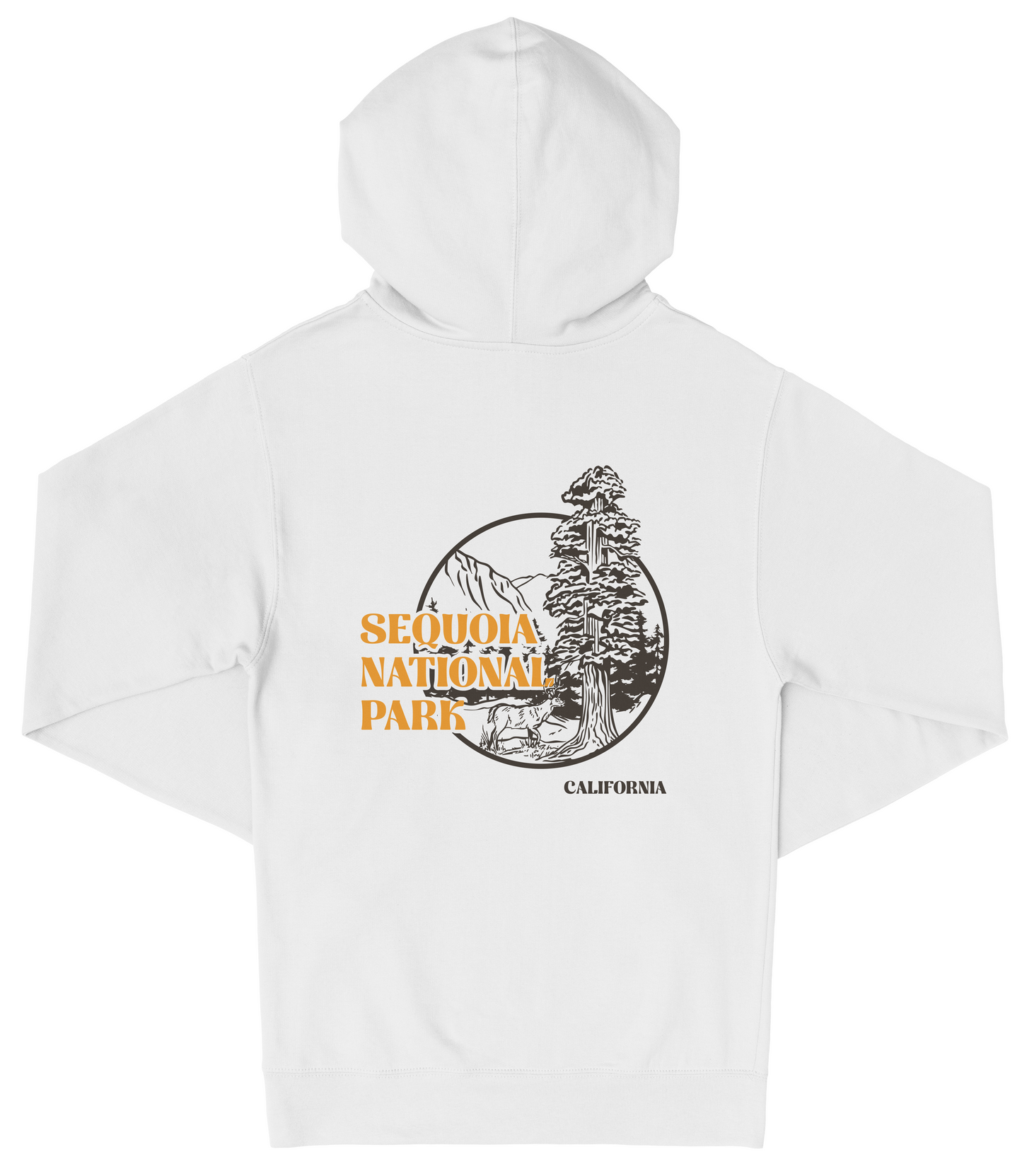 A white hooded sweatshirt with a graphic design featuring a tree and mountains, along with the text "SEQUOIA NATIONAL PARK" and "CALIFORNIA" printed on it.