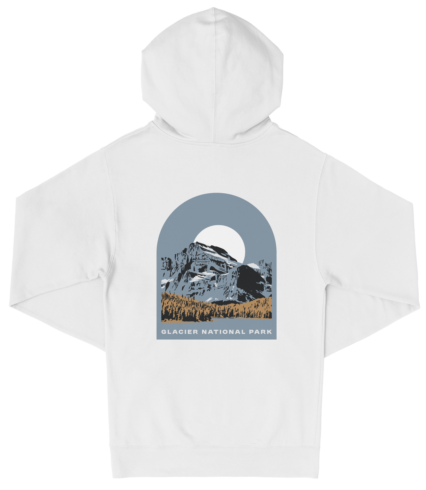 A white hooded sweatshirt with a graphic design depicting a mountain landscape and the text "Glacier National Park" printed on the back.