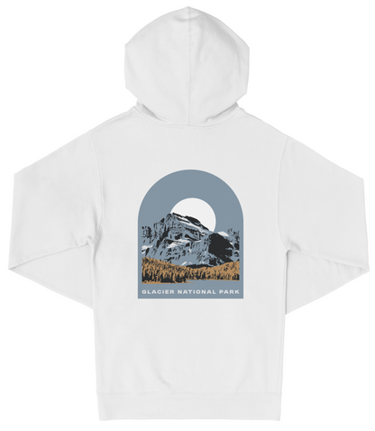A white hooded sweatshirt with a graphic design depicting a mountain landscape and the text "Glacier National Park" printed on the back.