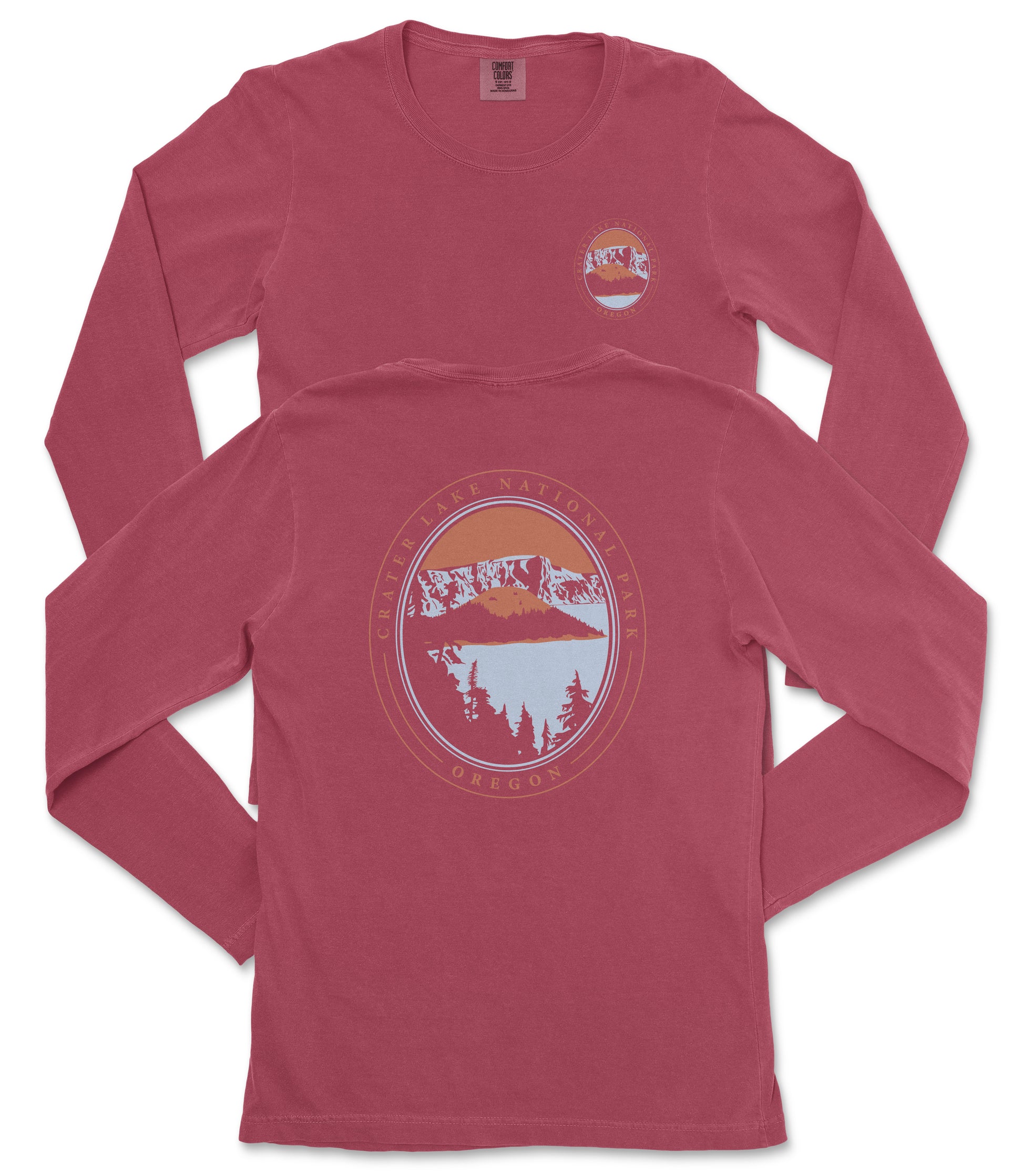 a red long-sleeved t-shirt with a graphic design on the back. The design features a circular emblem with a mountain landscape and a sunset.