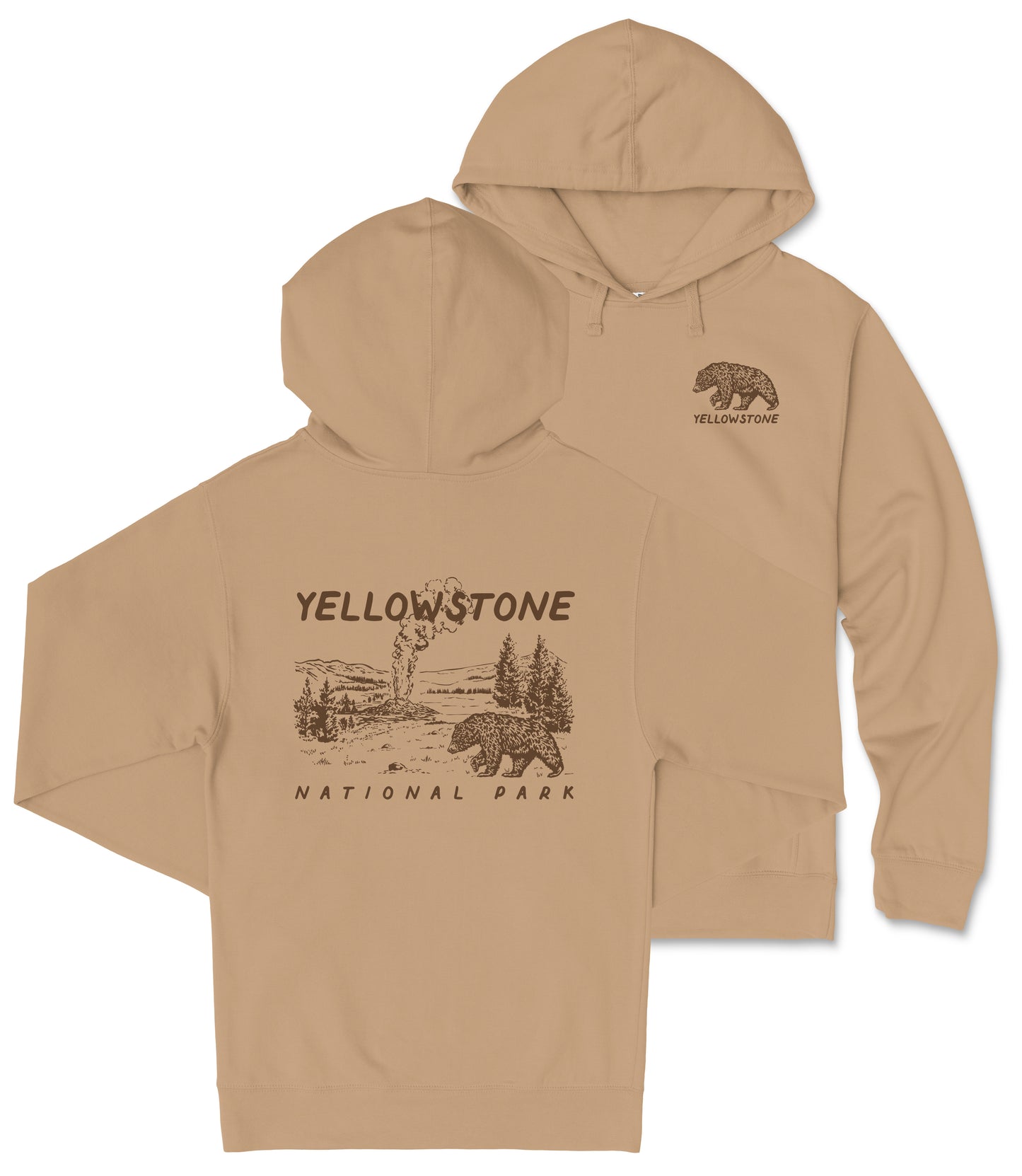 A beige hooded sweatshirt with a graphic design depicting a bear and the text "Yellowstone National Park" printed on the back.