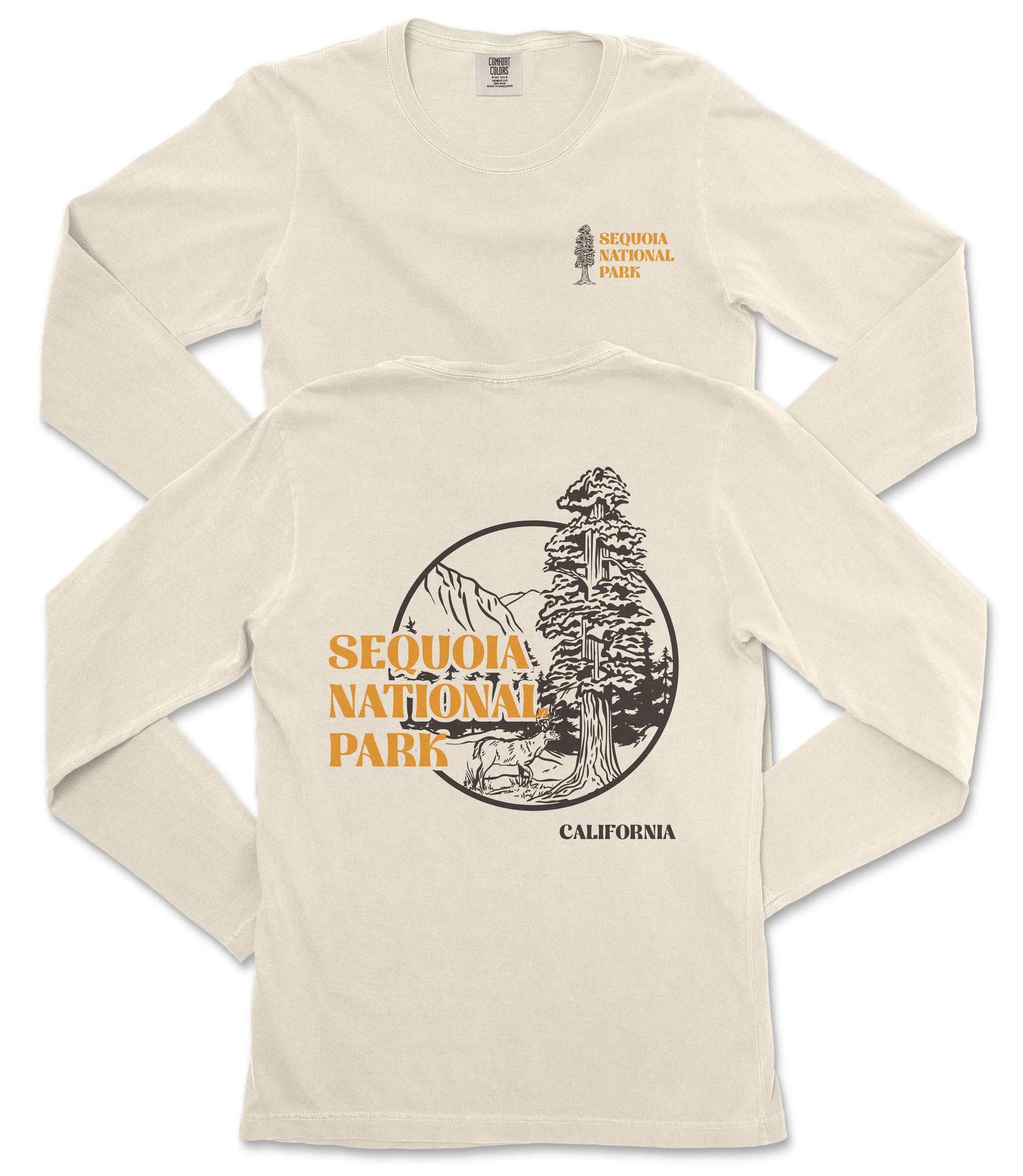 a cream-colored long-sleeved t-shirt with a graphic design and text related to Sequoia National Park in California.