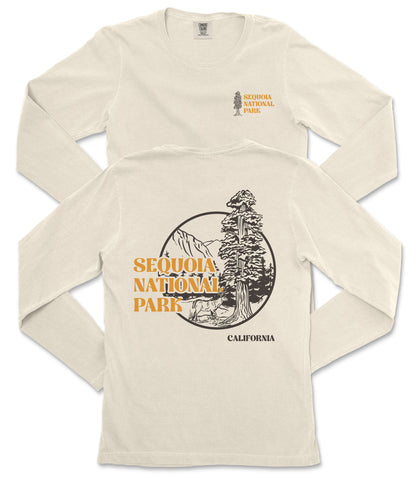 a cream-colored long-sleeved t-shirt with a graphic design and text related to Sequoia National Park in California.