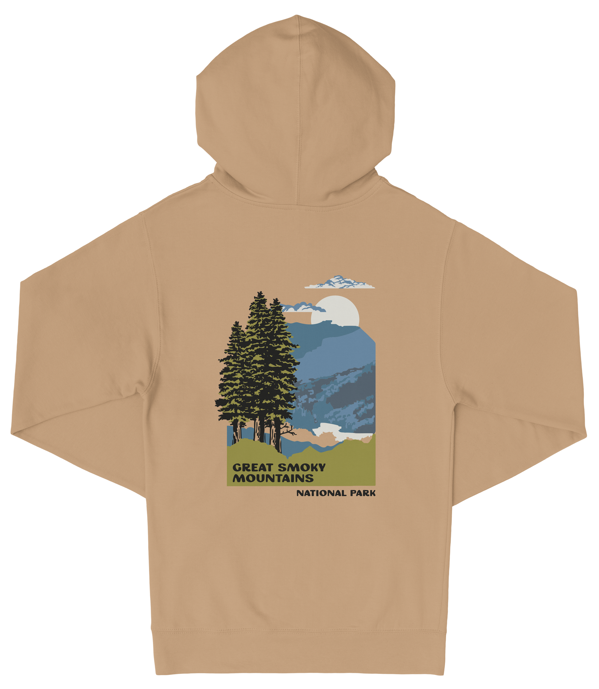 A beige hooded sweatshirt with a graphic design depicting a scenic mountain landscape with pine trees, mountains, and a cloudy sky.