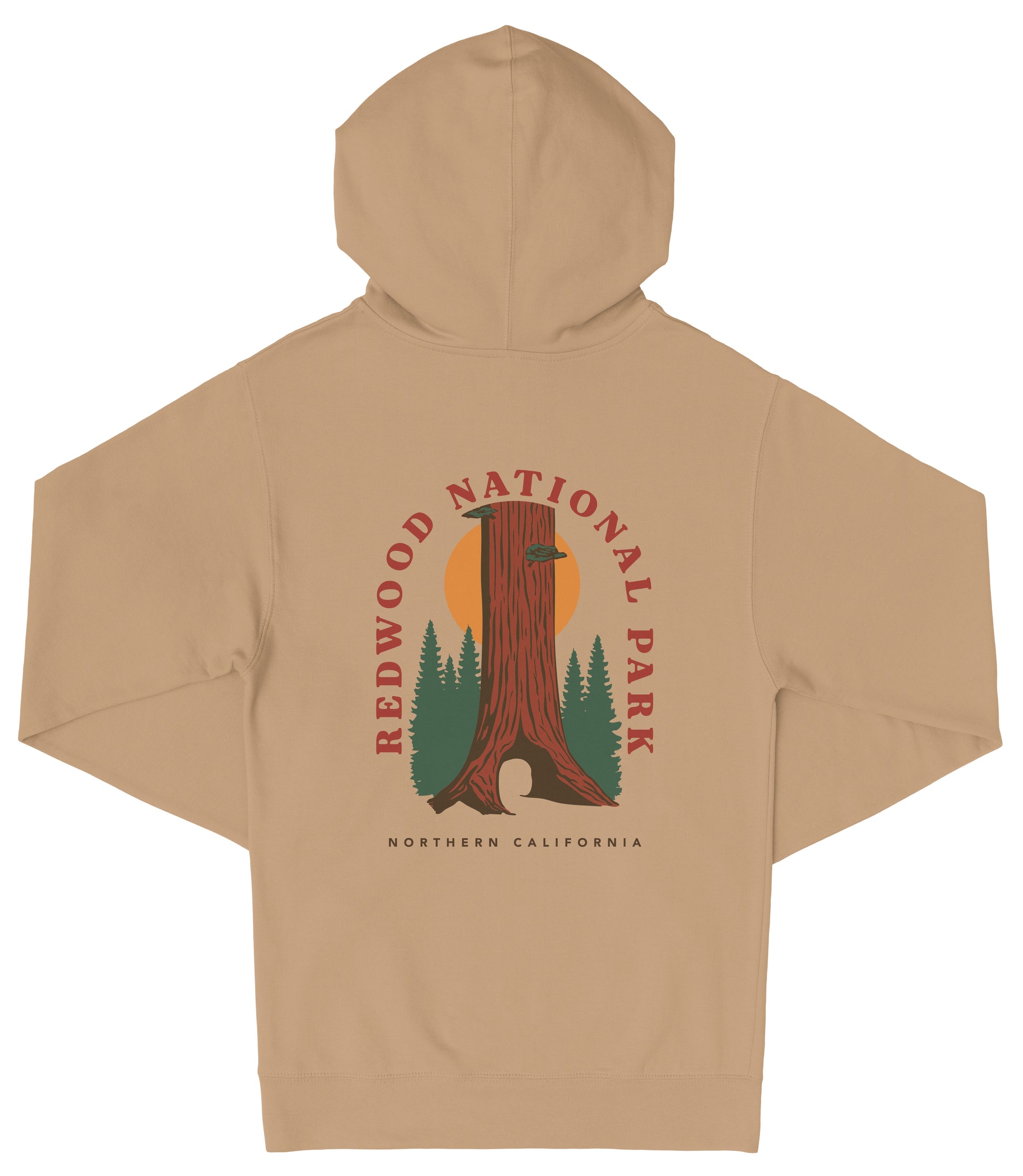 A beige hooded sweatshirt with a graphic design depicting a tall tree with a sun-like symbol in the center, surrounded by pine trees.