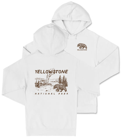 A white hooded sweatshirt with a graphic design depicting a bear and a scenic landscape, along with the text "Yellowstone National Park".