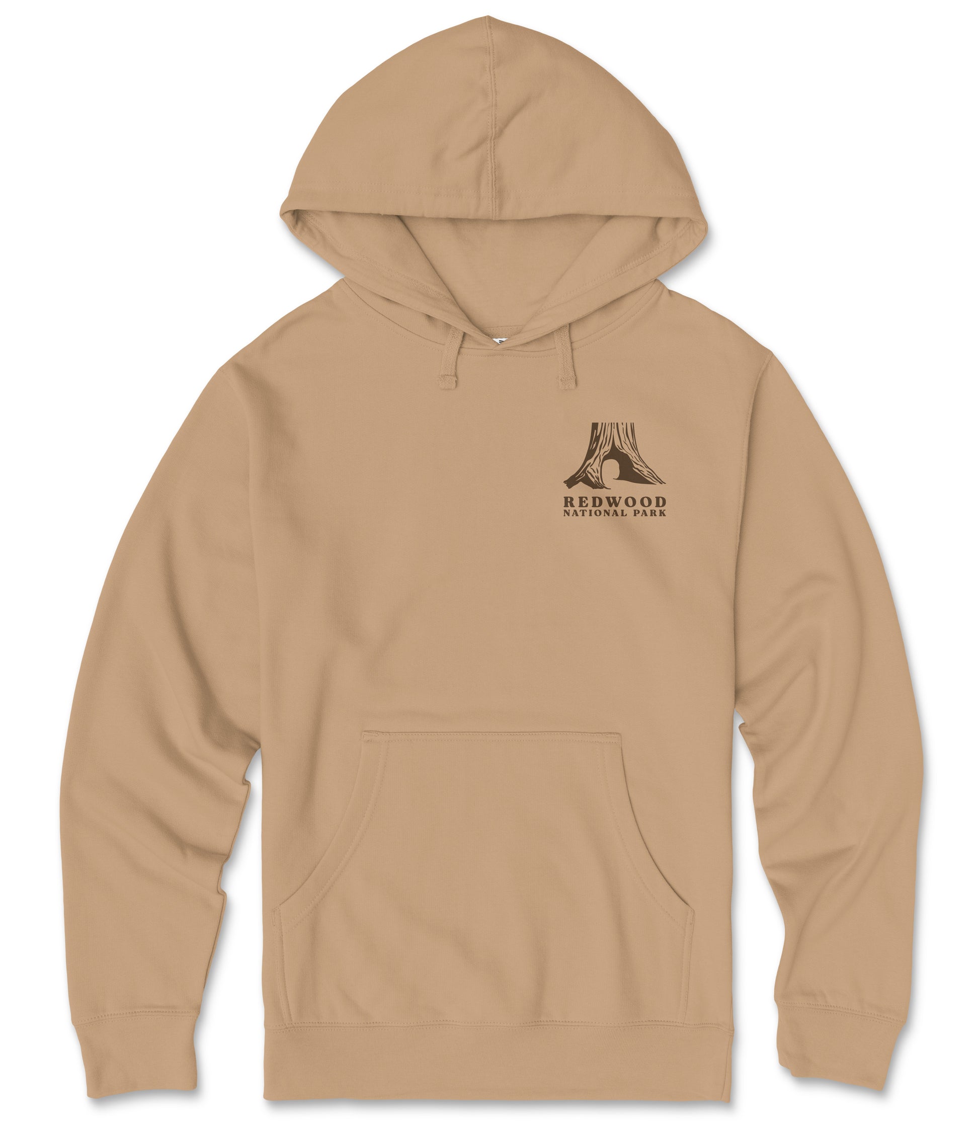 A beige hooded sweatshirt with a graphic design on the front.