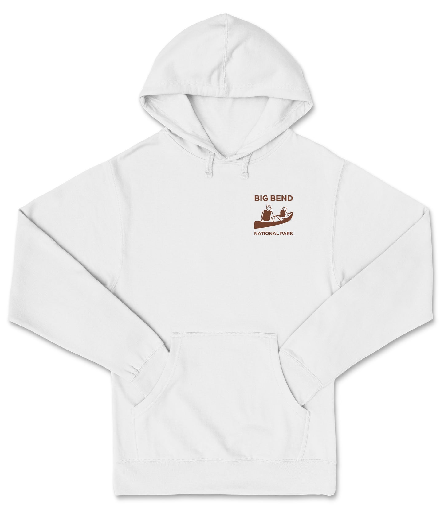 A white hoodie with a graphic design on the left side, depicting a canoe and the text "BIG BEND NATIONAL PARK".