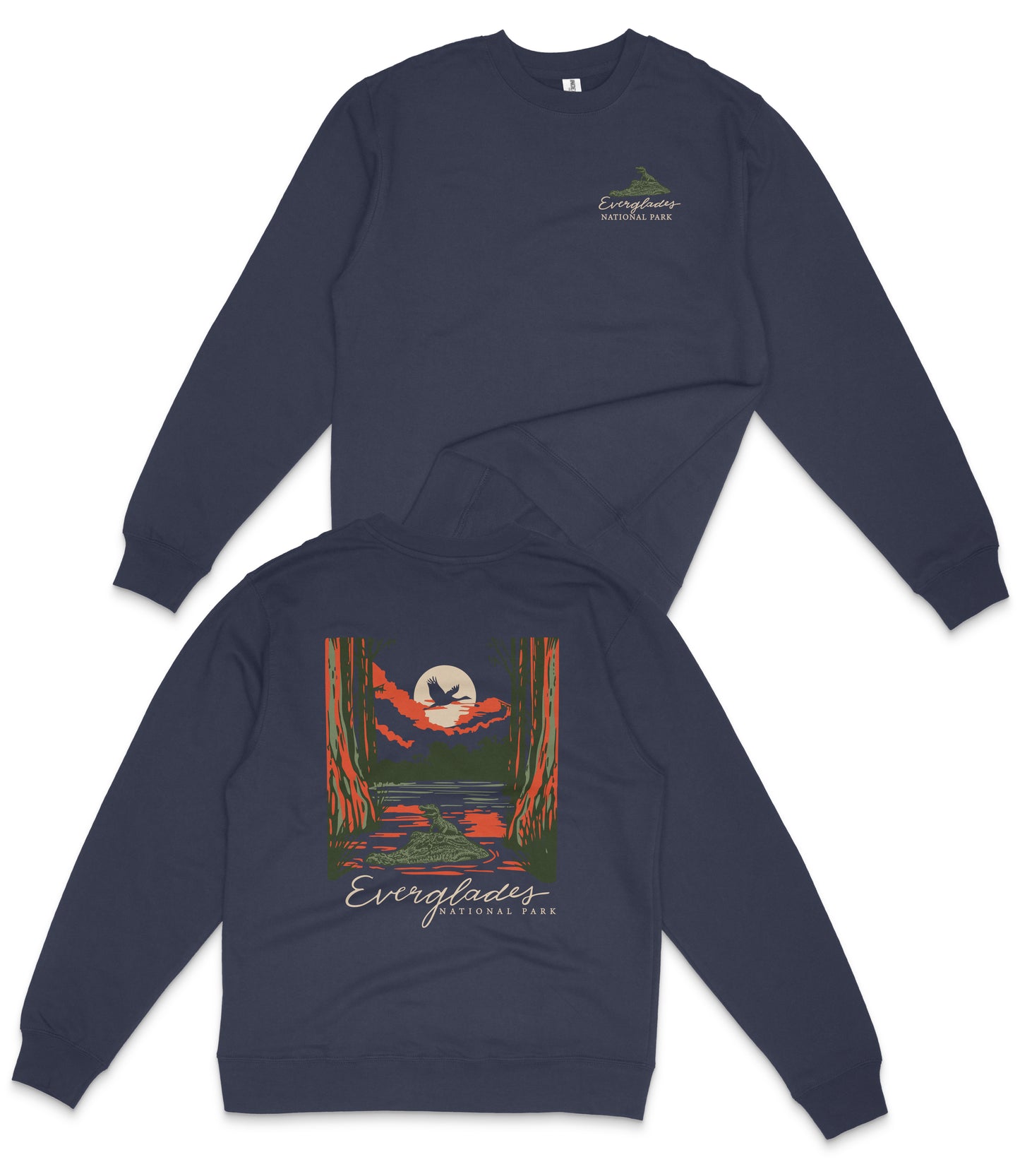 a navy blue sweatshirt with a graphic design on the back, depicting a sunset over a body of water.