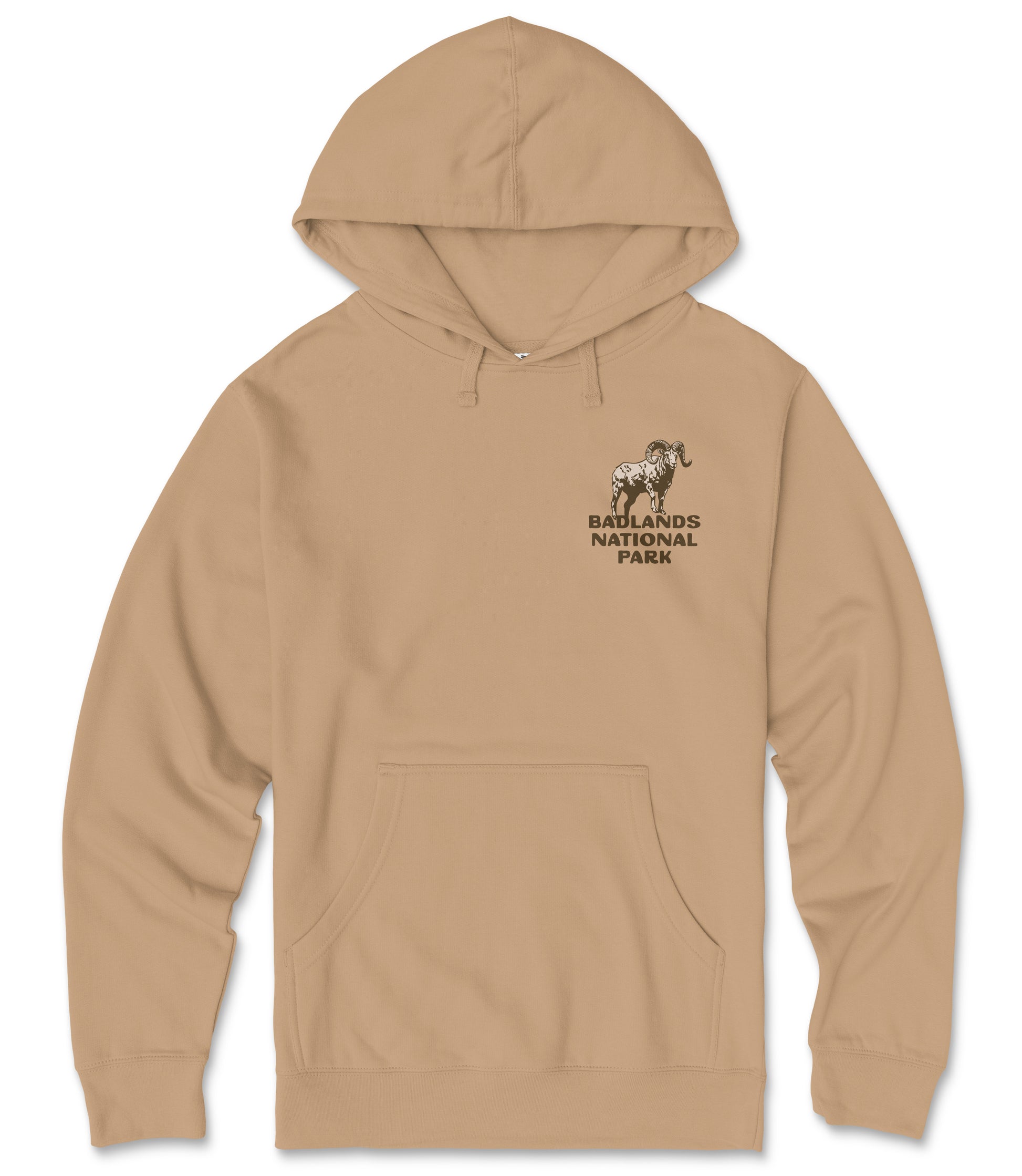 A beige hooded sweatshirt with a graphic of a mountain goat and the text "Badlands National Park" printed on the front.