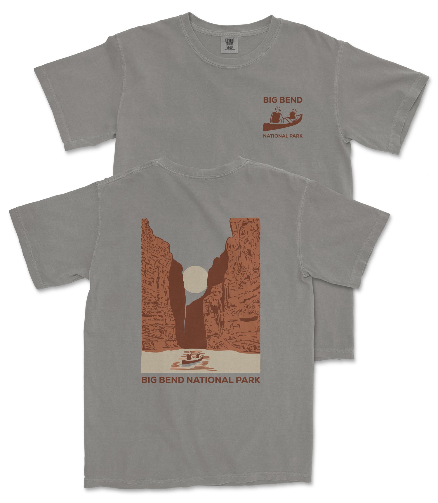 a gray t-shirt with a graphic design depicting a canyon landscape, including a river and a boat, along with the text "Big Bend National Park" printed on the back.