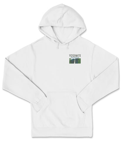 A white hoodie with the text "YOSEMITE" printed on the front.