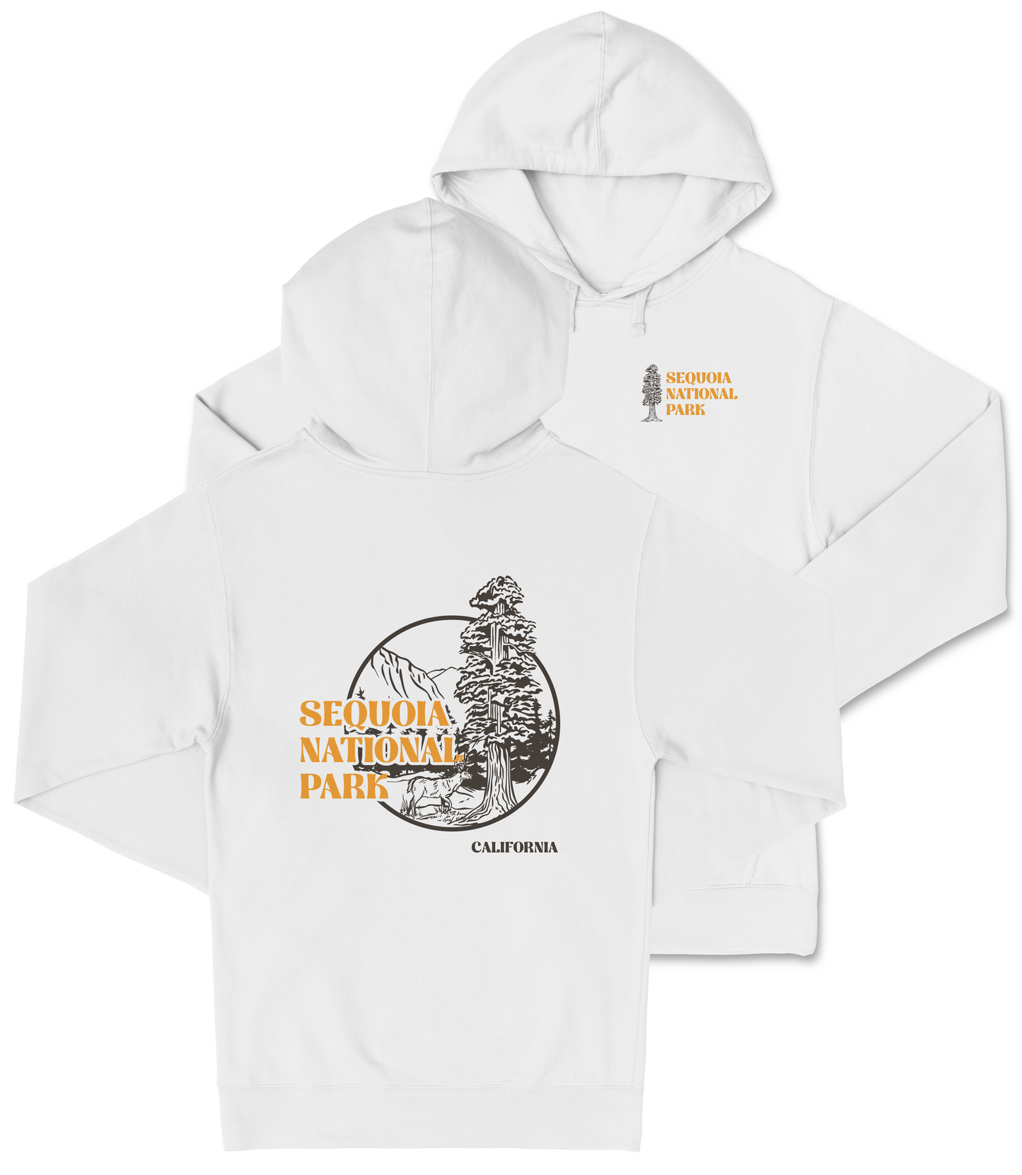 A white hooded sweatshirt with a graphic design and text printed on the back.