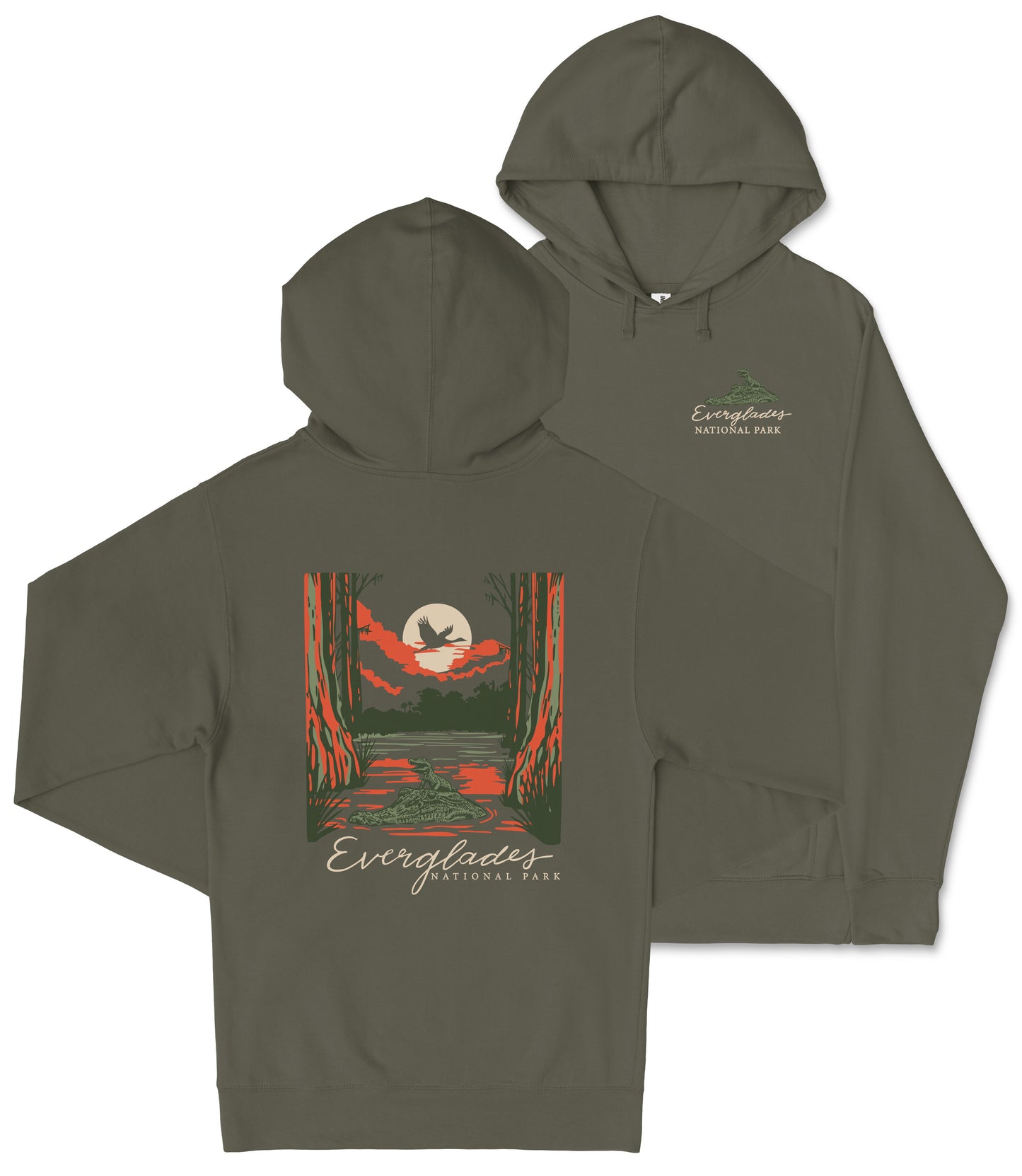 A hooded sweatshirt with a graphic design depicting a sunset over a forest, with the text "EVERGLADES NATIONAL PARK" printed on it.