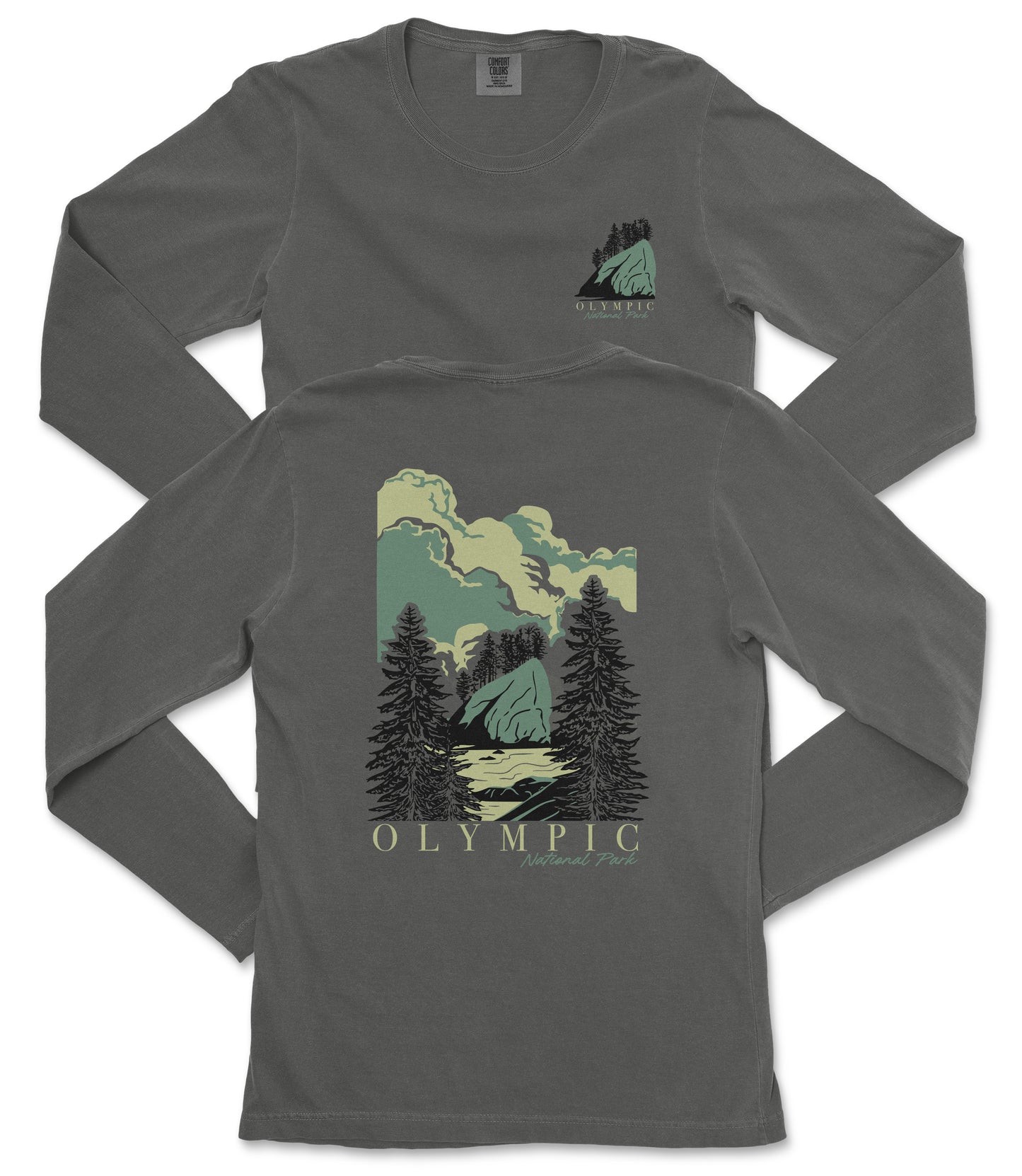 a gray long-sleeve t-shirt with a graphic design depicting a mountain landscape with pine trees and a body of water.