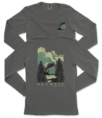 a gray long-sleeve t-shirt with a graphic design depicting a mountain landscape with pine trees and a body of water.