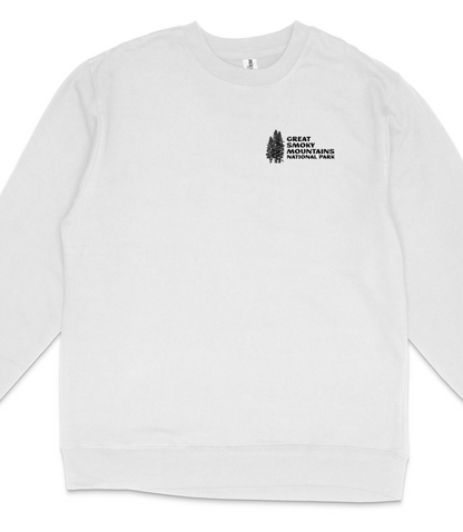 A white long-sleeved shirt with a black logo on the left side.