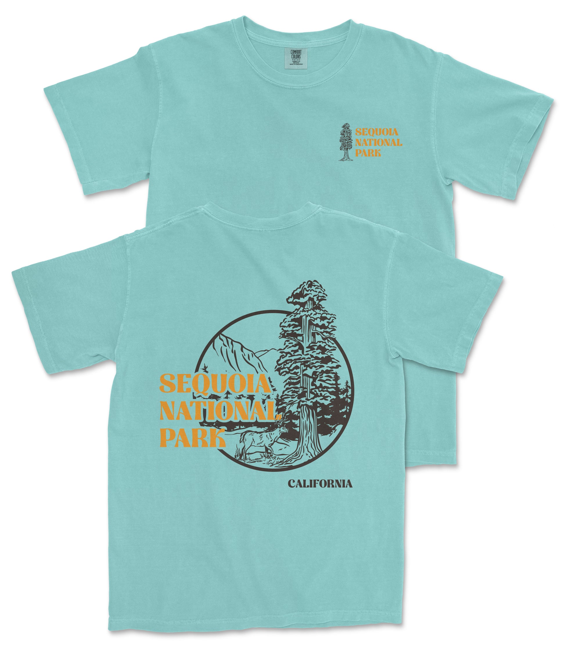 A light blue t-shirt with a graphic design featuring a tree and text that says "SEQUOIA NATIONAL PARK CALIFORNIA".
