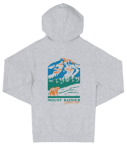 A gray hooded sweatshirt with a graphic design depicting a mountain landscape with a bear in the foreground.