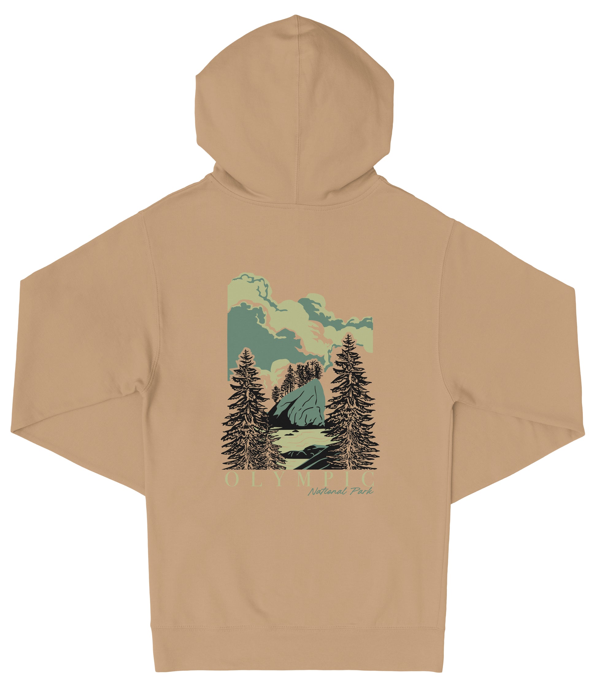 A beige hooded sweatshirt with a graphic design depicting a scenic landscape with pine trees, mountains, and a cloudy sky.